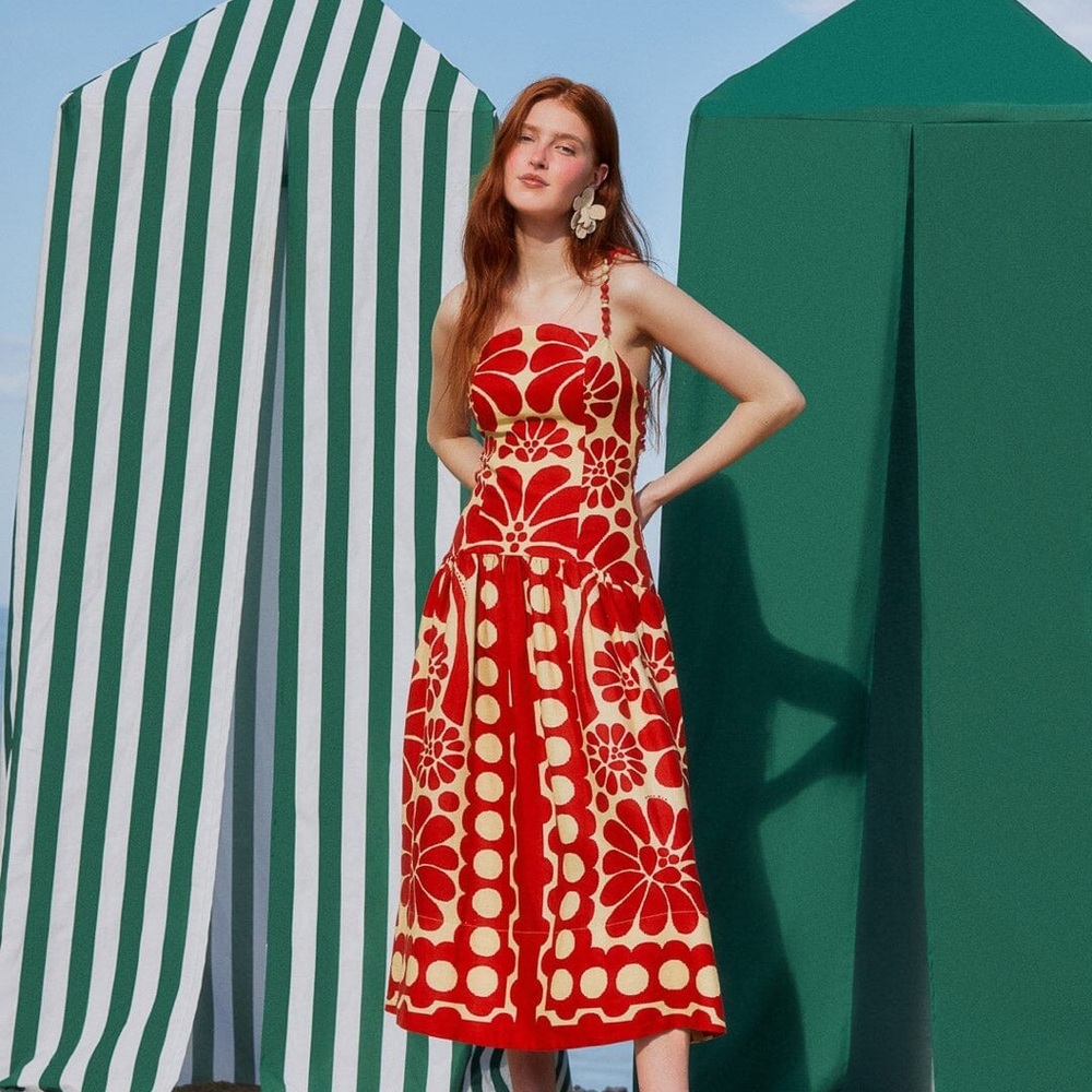 FARM Rio Red and Cream Floral Midi Dress